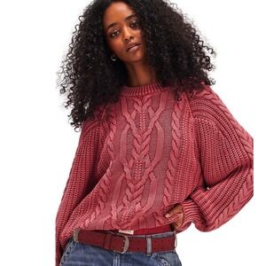 Free People Frankie Cable Knit Sweater Small Chunky Oversized Red OB1790202